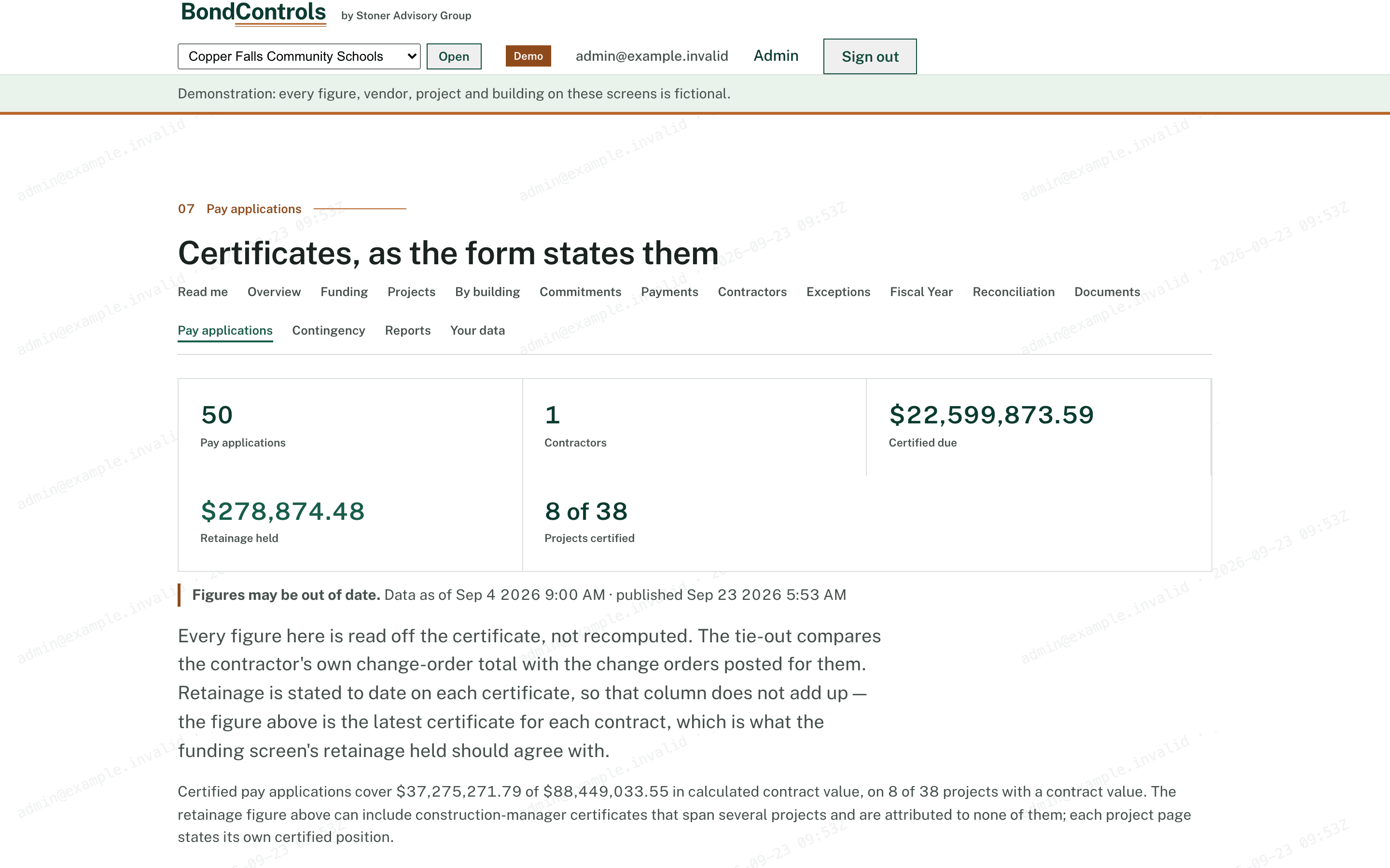 Pay applications screen of the BondControls portal