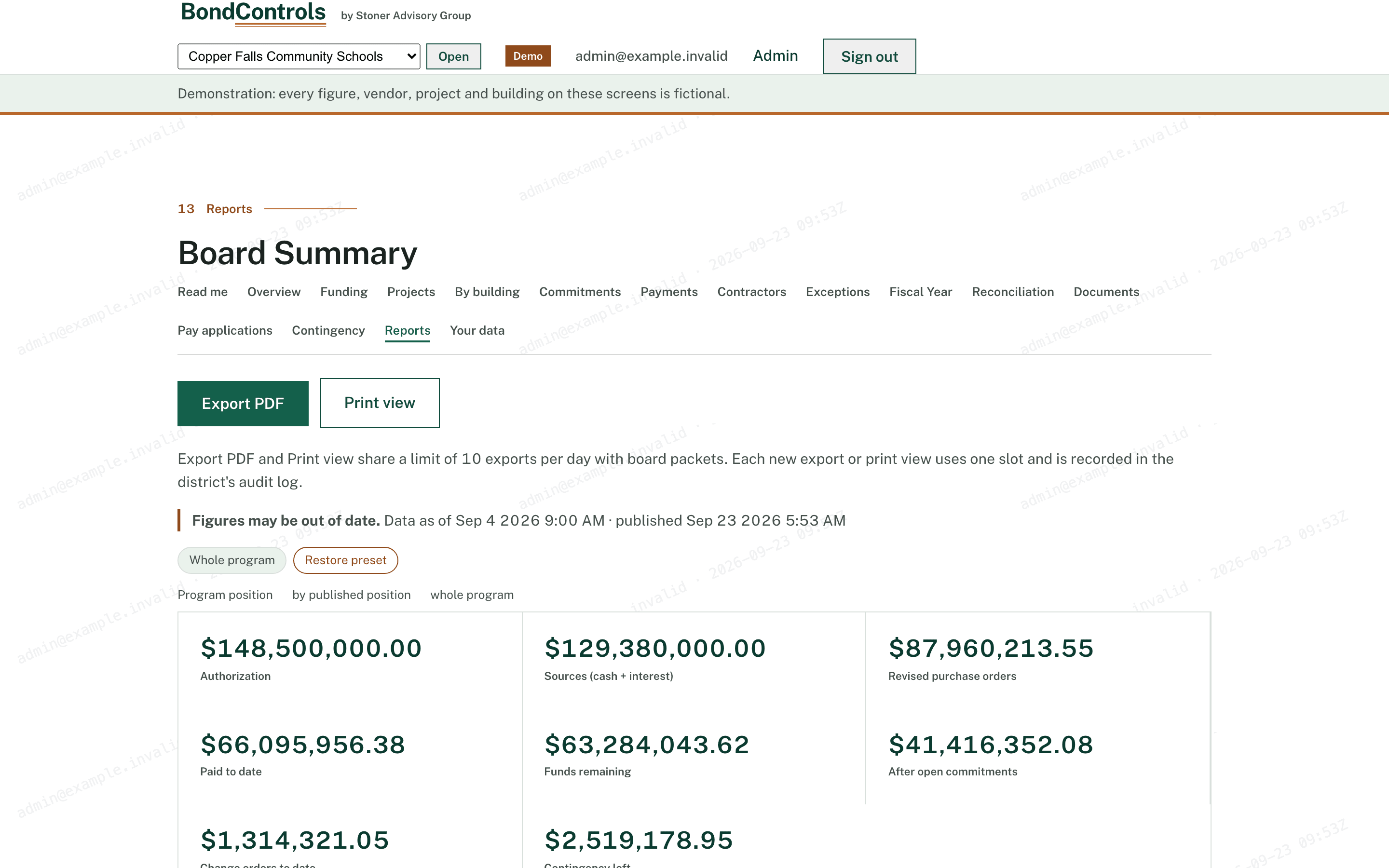 Reports and board packet screen of the BondControls portal